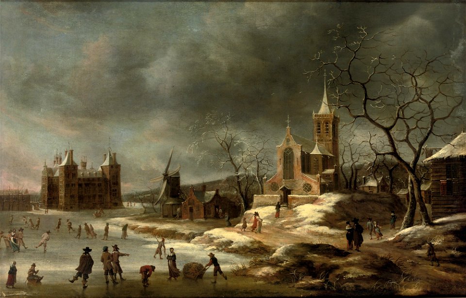A winter landscape with activities on the ice near Castle Buren
