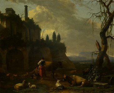 Abraham Jansz. Begeyn - Peasants with Cattle by a Ruin. Free illustration for personal and commercial use.