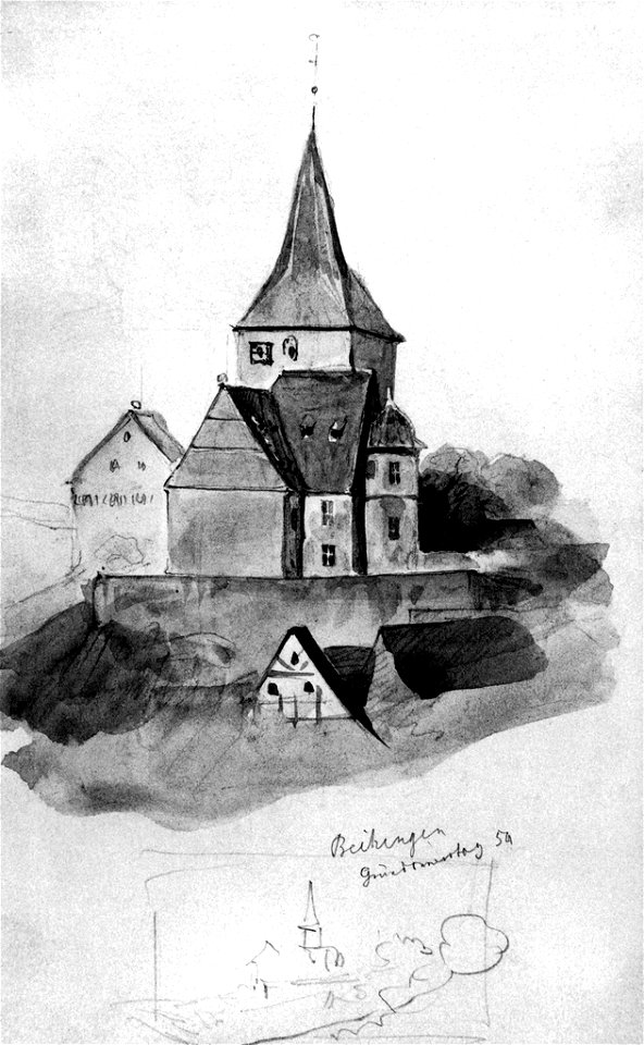 Beihinger Dorfkirche, Aquarell von Eduard von Kallee, 1854