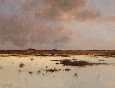 Bela von Spanyi Abendstimmung über einer Flusslandschaft