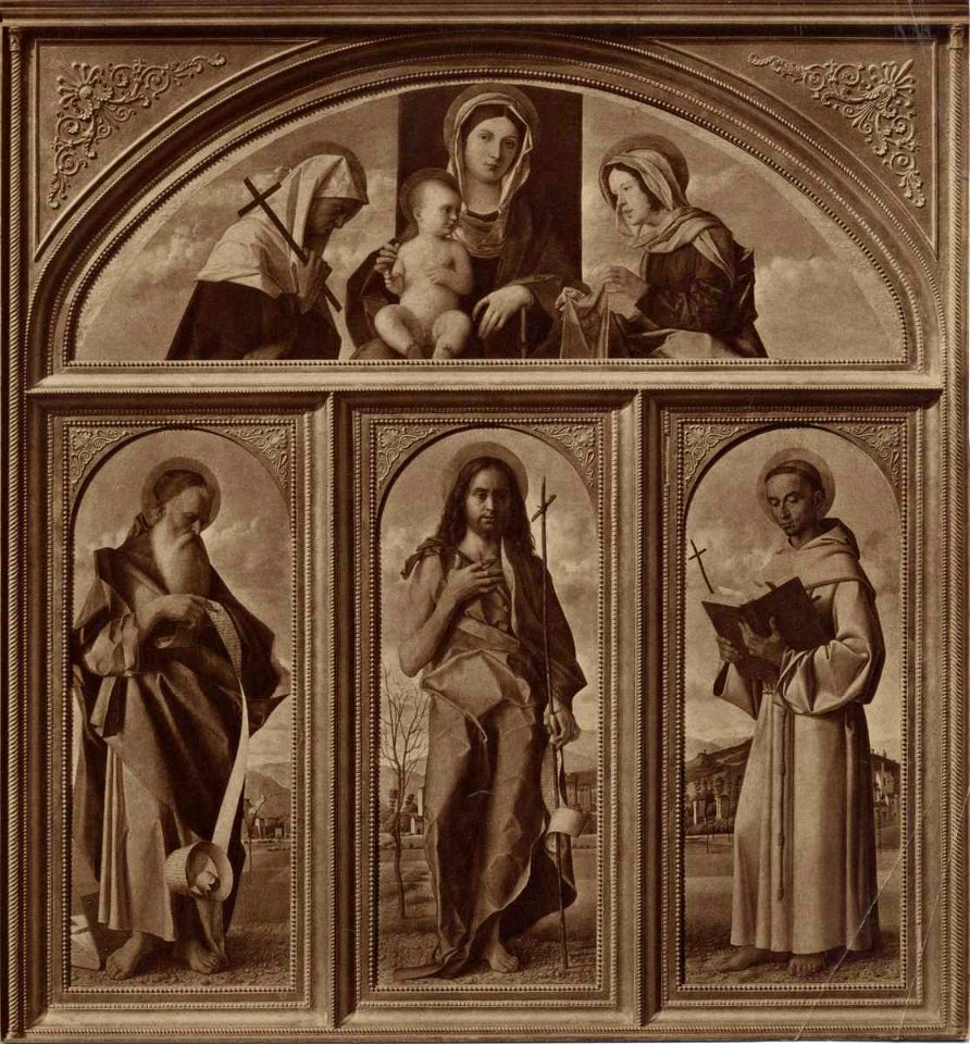 Bellini - San Giovanni Battista, San Girolamo, San Francesco d'Assisi, Madonna con Bambino tra sant'Elena e santa Veronica, inv. 20, opera distrutta nel 1945