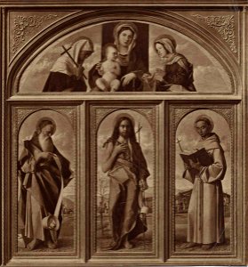 Bellini - San Giovanni Battista, San Girolamo, San Francesco d'Assisi, Madonna con Bambino tra sant'Elena e santa Veronica, inv. 20, opera distrutta nel 1945