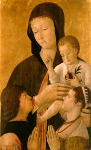 Gentile Bellini - Madonna with child and two donors - Google Art Project. Free illustration for personal and commercial use.