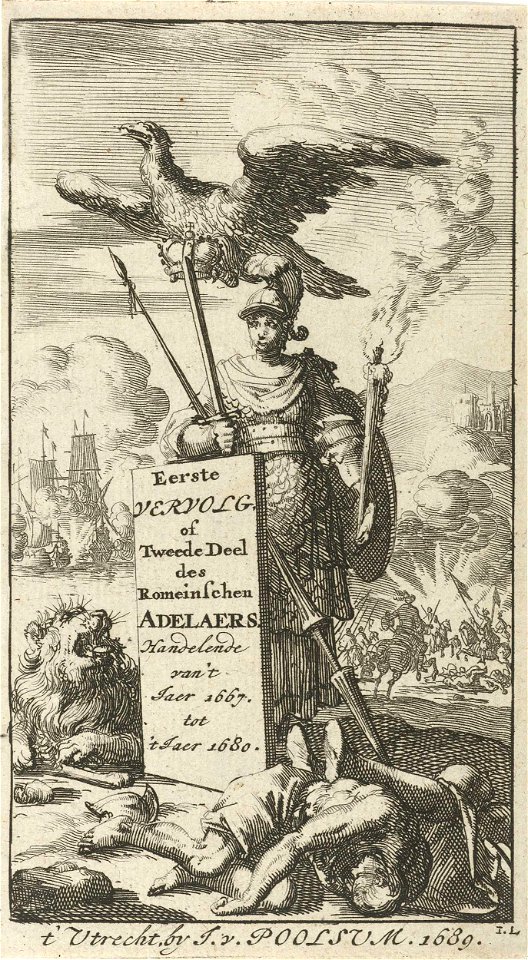 Bellona gewapend met zwaard en speer, boven haar vliegt een adelaar met een kroon in de klauwen