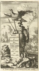 Bellona gewapend met zwaard en speer, boven haar vliegt een adelaar met een kroon in de klauwen