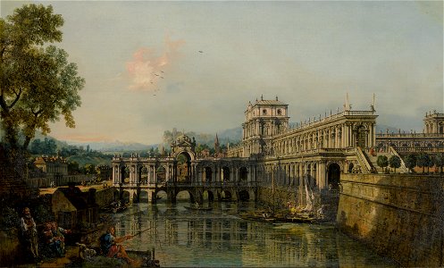 Bellotto - ARCHITECTURAL CAPRICCIO WITH A PALACE BESIDE A MOAT AND FIGURES IN THE FOREGROUND, Lot 161 (cropped)