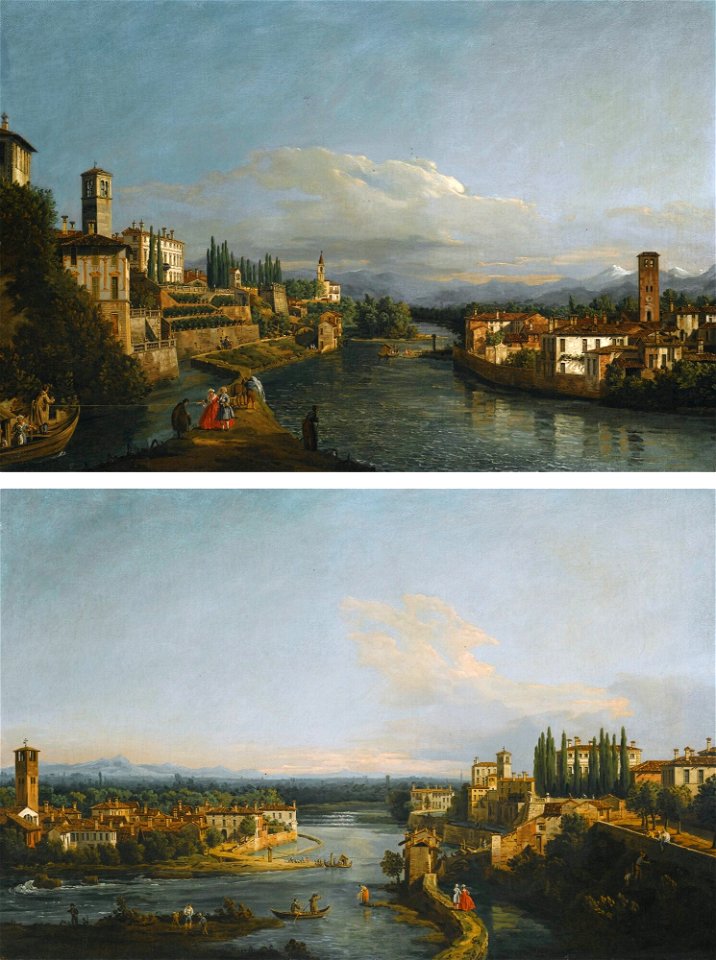 Bellotto - Circle of - A VIEW OF VAPRIO, ON THE LEFT AND CANONICA, ON THE RIGHT LOOKING NORTH-WEST FROM THE WEST BANK OF THE ADDA, NEAR THE BREMBO CONFLUENCE, lot.248