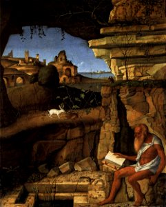 Giovanni Bellini - St Jerome Reading in the Countryside - WGA1761. Free illustration for personal and commercial use.