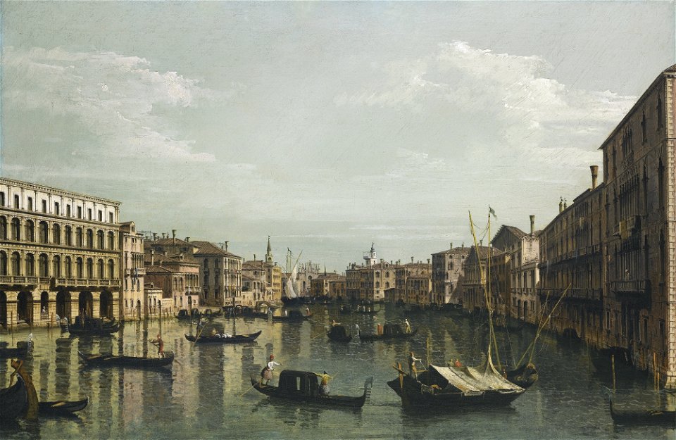 Bellotto - VENICE, A VIEW OF THE GRAND CANAL LOOKING SOUTH FROM THE PALAZZO FOSCARI AND PALAZZO MORO-LIN TOWARDS THE CHURCH OF SANTA MARIA DELLA CARITÀ, WITH NUMEROUS GONDOLAS AND BARGES, lot.21