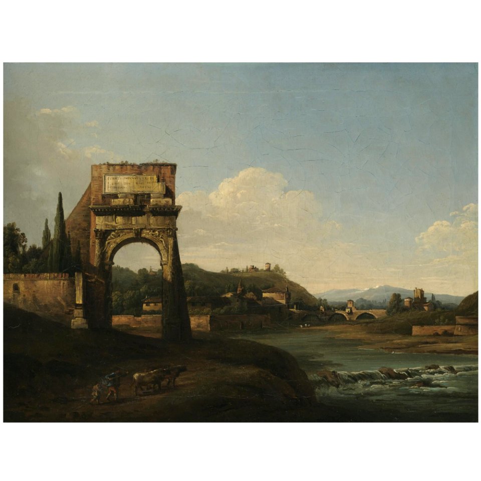 Bellotto - After - A RIVER LANDSCAPE WITH A RUINED CLASSICAL ARCH AND A HERDER AND HIS CATTLE IN THE FOREGROUND, lot.408