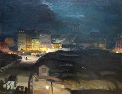 George Bellows - Approach to the Bridge at Night, 1913. Free illustration for personal and commercial use.