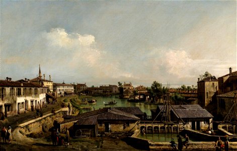 'A View of the Mills at Dolo on the Brenta' by Bernardo Bellotto. Free illustration for personal and commercial use.