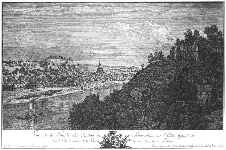 Bellotto Radierung Pirna mit Sonnenstein