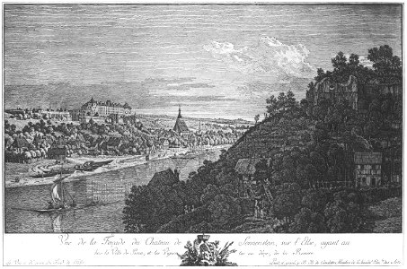 Bellotto Radierung Pirna mit Sonnenstein