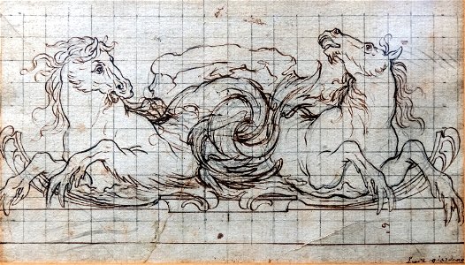 Bemberg Fondation Toulouse - Etude de deux chevaux tritons Luca Giordano Plume et encre brune, crayon noir,mis au carreau 15.5x26.5