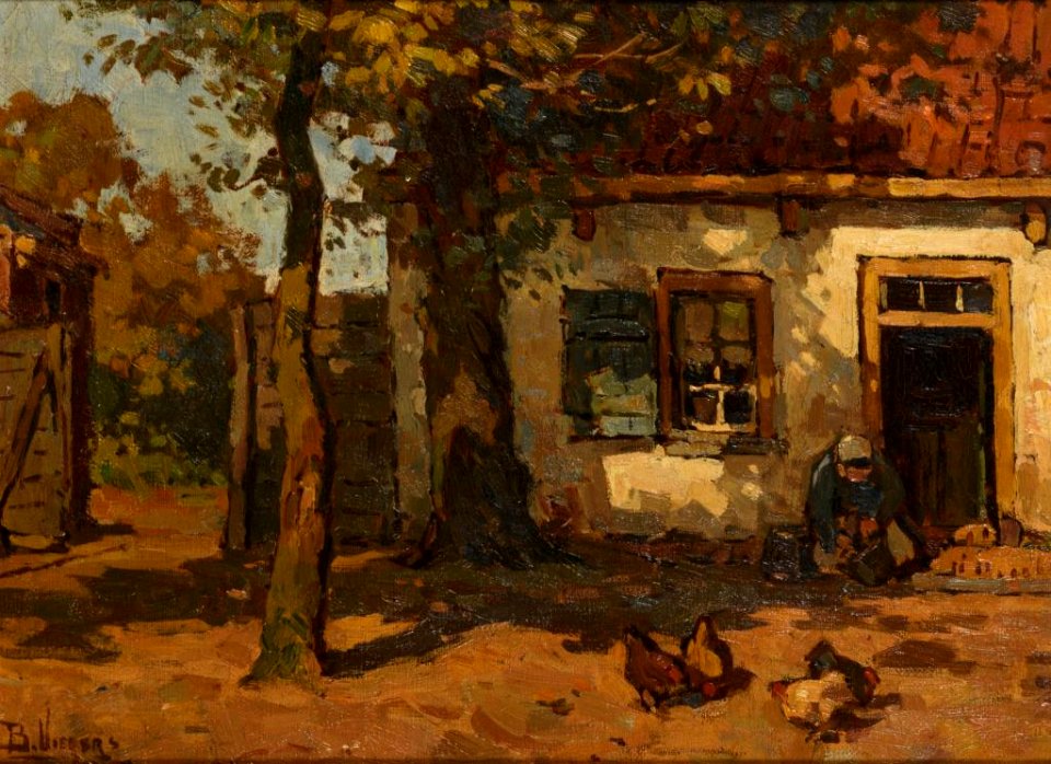 Ben Viegers Bäuerin mit Hühnern vor dem Haus