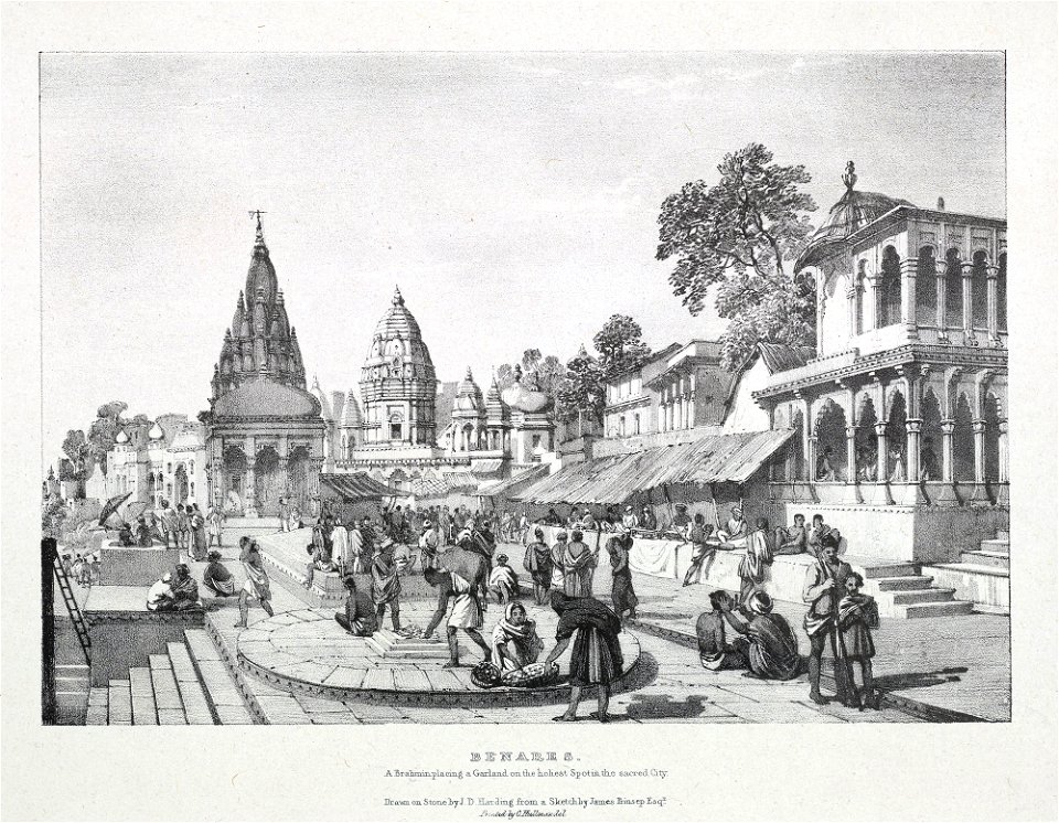 Benares A Brahmin placing a garland on the holiest spot in the sacred city by James Prinsep 1832