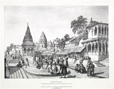 Benares A Brahmin placing a garland on the holiest spot in the sacred city by James Prinsep 1832. Free illustration for personal and commercial use.