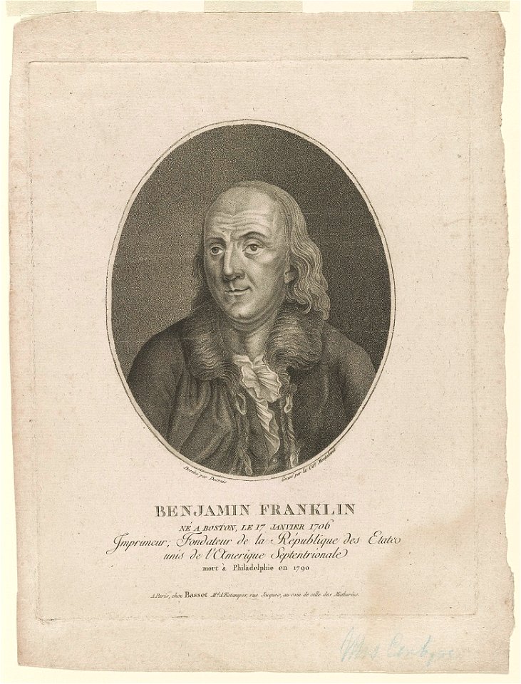 Benjamin Franklin - né a Boston, le 17 Janvier 1706 - dessiné par Desrais ; gravé par la Cite. Montaland. LCCN2003675442
