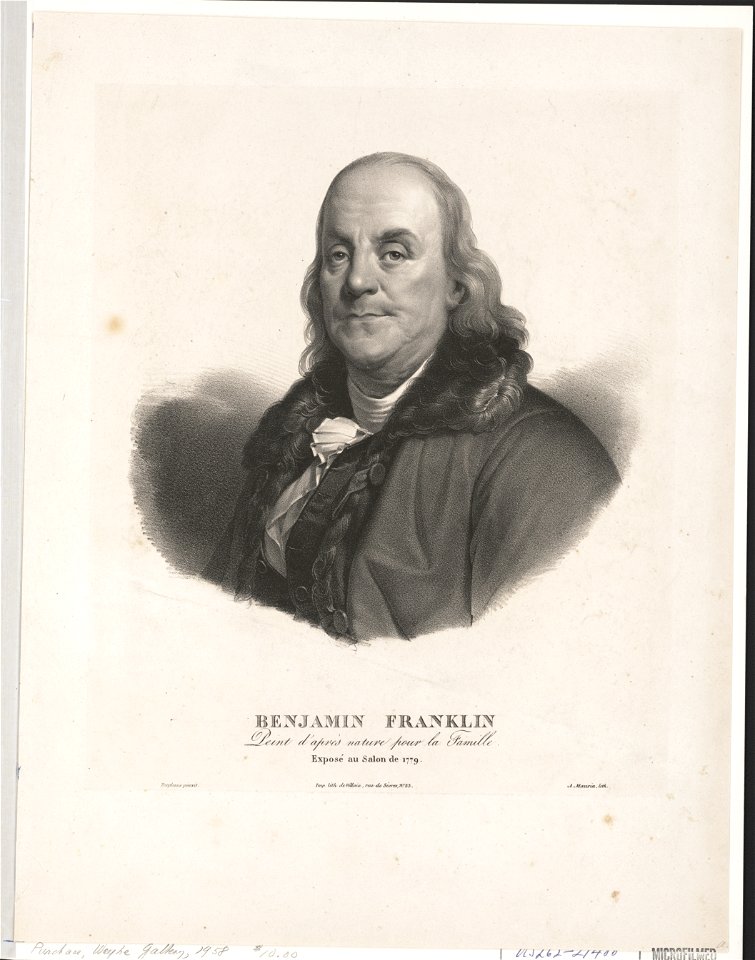 Benjamin Franklin - peint d'après nature pour la famille - exposé au Salon de 1779 - Duplessis pinxit ; A. Maurin, lith. LCCN2003675437