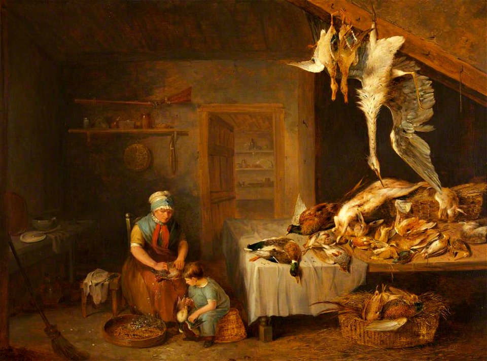 Benjamin Blake (1757-1830) - Game Herder with Dead Game, an Old Woman Plucking a Partridge and a Boy - 597957 - National Trust
