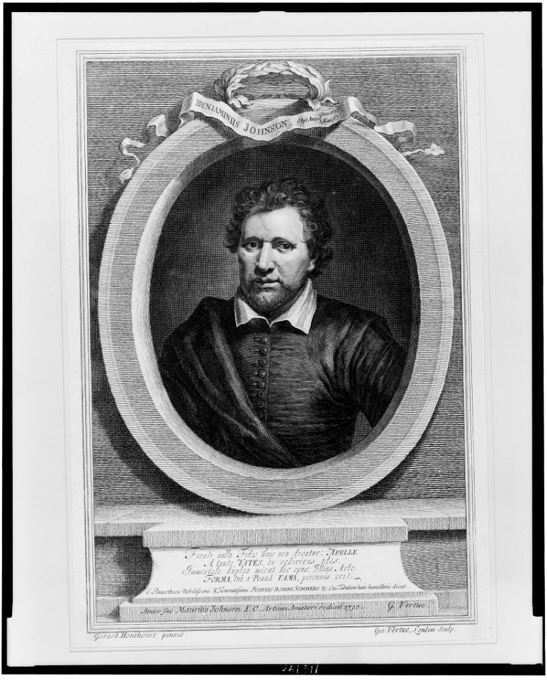 Benjamin Johnson, English actor, head-and-shoulders portrait facing slightly left, in ornamental oval frame) - Gerard Honthorst pinxt ; Geo. Vertue, Londini sculp LCCN96506526