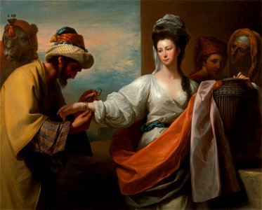 Benjamin West - Isaac's servant tying the bracelet on Rebecca's arm - Google Art Project. Free illustration for personal and commercial use.