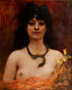 Benjamin Constant - Orientalist portrait of a nude lady, bust length