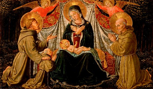 Benozzo di Lese, gen. Benozzo Gozzoli, , Kunsthistorisches Museum Wien, Gemäldegalerie - Maria mit Kind, Hl. Franziskus, dem Stifter Fra Jacopo da Montefalco (links) und Hl. Bernardin von S - GG 221 - Kunsthistorisches Museum