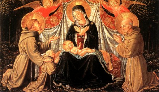 Benozzo Gozzoli - Madonna and Child with Sts Francis and Bernardine, and Fra Jacopo - WGA10225. Free illustration for personal and commercial use.