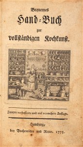 Bequemes Hand-Buch zur vollständigen Kochkunst Hamburg 1775 Titelblatt. Free illustration for personal and commercial use.