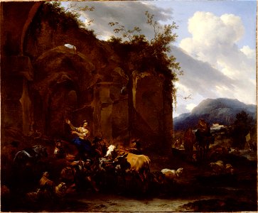 Berchem, Nicolaes Pietersz - A Farrier and Peasants near Roman Ruins - Google Art Project