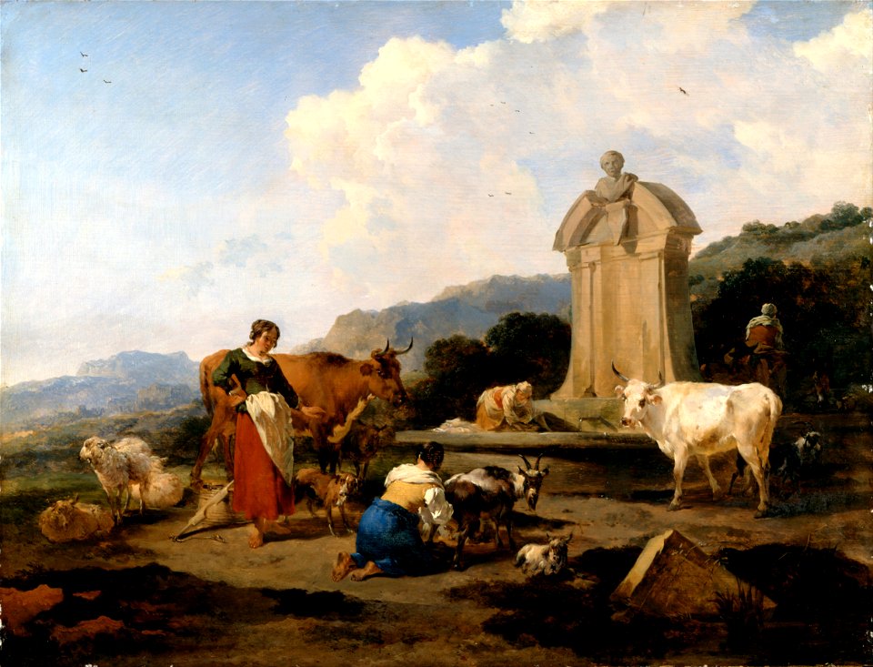 Berchem, Nicolaes Pietersz - Roman Fountain with Cattle and Figures (Le Midi) - Google Art Project