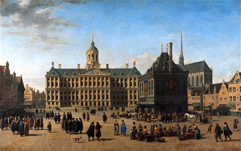 The Dam in Amsterdam, by Gerrit Adriaensz Berckheyde. Free illustration for personal and commercial use.