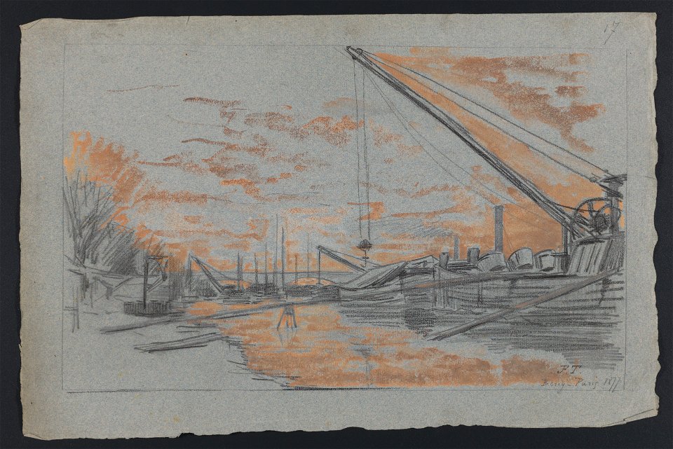 Bercy - Paris (bord de Seine avec chalands à l'ancre en cours de chargement, soleil couchant) 1877 drawing by Jean-François Taelemans, R-2009-26325, Prints Department, Royal Library of Belgium
