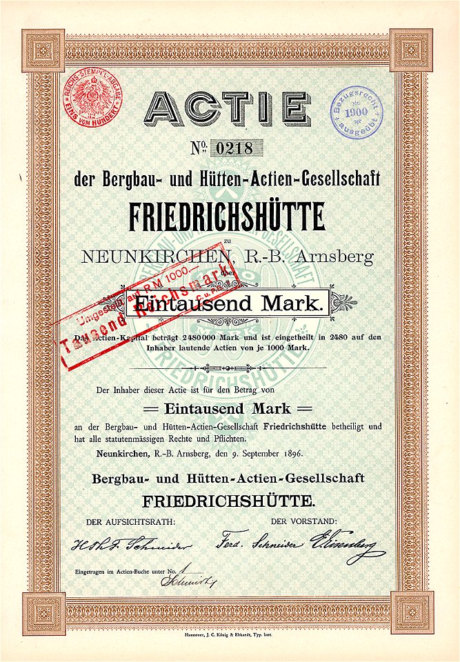 Bergbau- und Hütten-AG Friedrichshütte 1000 Mk 1896