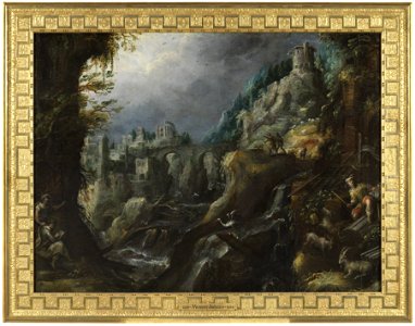 Berglandskap med forsande flod, klassiska ruiner och herdar (Lodewijk Toeput) - Nationalmuseum - 180047. Free illustration for personal and commercial use.