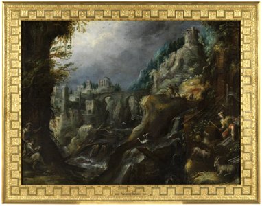Berglandskap med forsande flod, klassiska ruiner och herdar (Lodewijk Toeput) - Nationalmuseum - 180047
