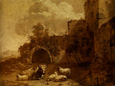 Bergejin Kuh und Schafe vor Ruinenarchitektur