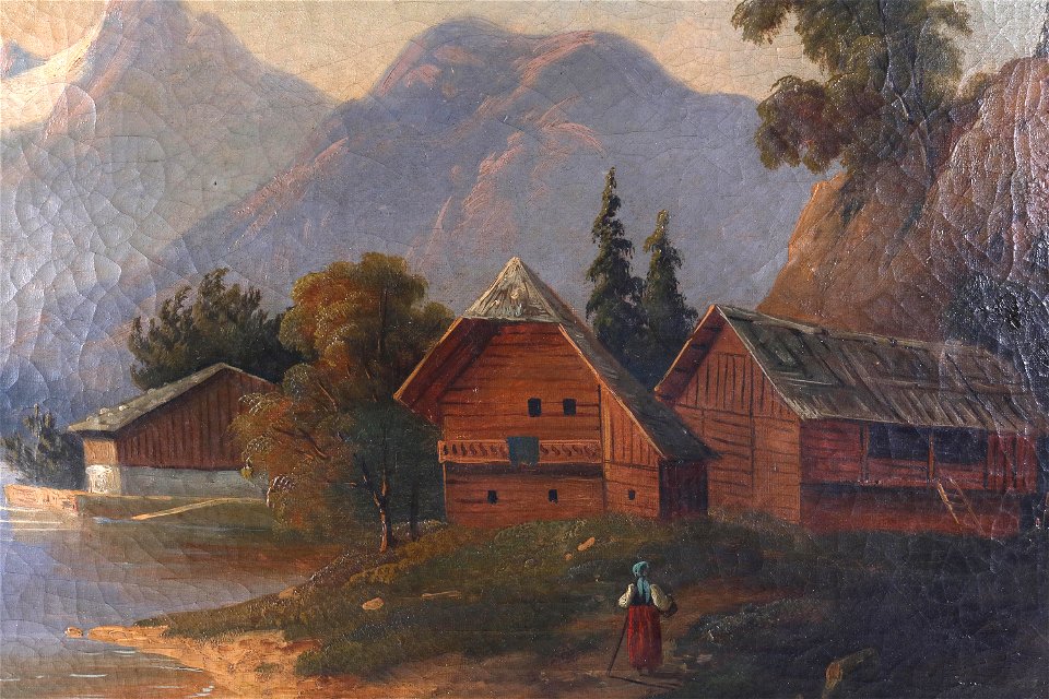 Bergsee mit Hütten, figural staffiert