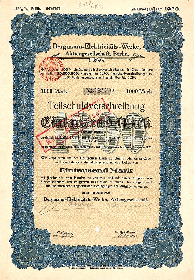 Bergmann-Elektricitäts-Werke 1000 Mk 1920