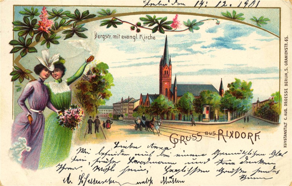 Bergstraße mit ev. Kirche anno 1900 - alte AK gemeinfrei