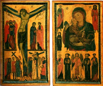 Bonaventura Berlinghieri. Crusifixion. Madonna and Child with Saints. Diptych. c. 1255. 103x123cm. Uffizi, Florence.
