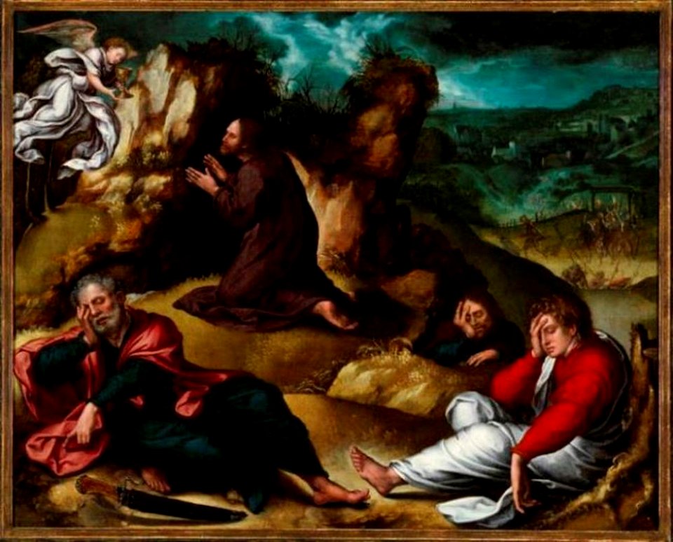 Bernard van Orley - Christus in de Hof van Olijven (op de achterzijde, een rode marmerimitatie met de wapens van Hendrik - 2006.2 - Museum of Fine Arts, Budapest