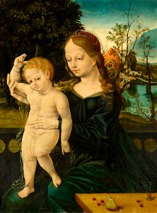 Bernard van Orley (circle) Madonna mit Kind vor einer Flusslandschaft.