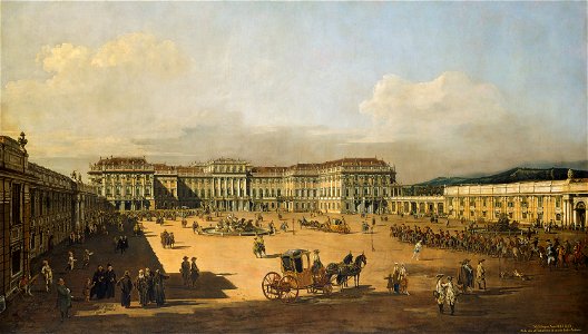 Bernardo Bellotto, gen. Canaletto, , Kunsthistorisches Museum Wien, Gemäldegalerie - Das kaiserliche Lustschloß Schönbrunn, Ehrenhofseite - GG 1666 - Kunsthistorisches Museum