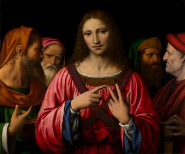 Bernardino Luini, Christ among the Doctors, c.1515-30, oil on poplar, 72.4 x 85.7 cm, National Gallery, London. Free illustration for personal and commercial use.
