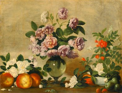Bernardo Strozzi - Still life with pink and white peonies in a glass vase and peaches, white roses and fruits on a ledge