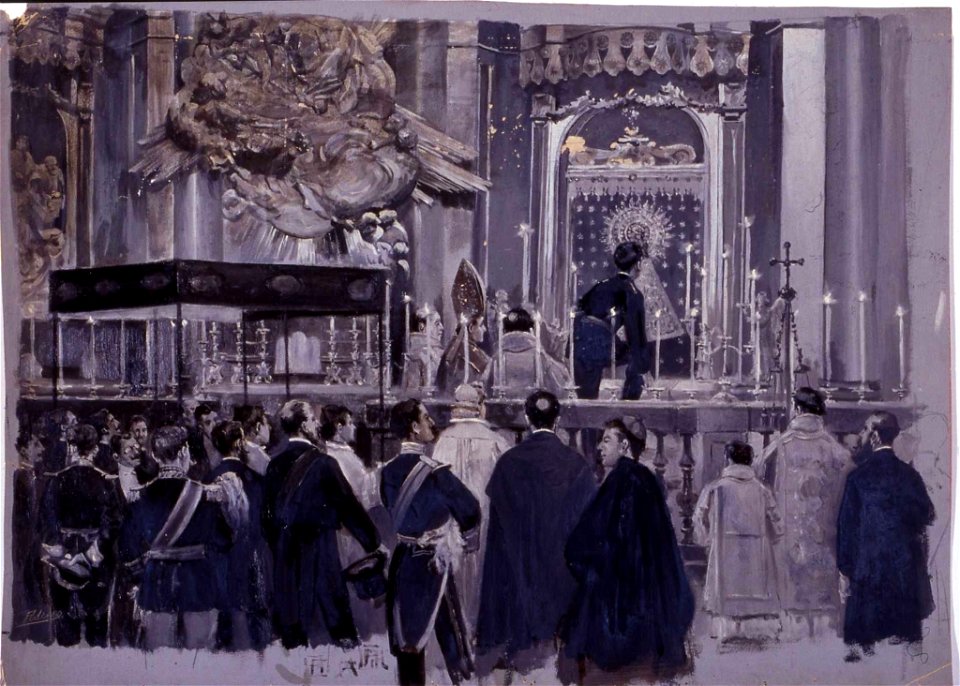 Beso al manto de la Virgen del Pilar, 30.10.1903, RABASF, oil painting by Mariano Pedrero