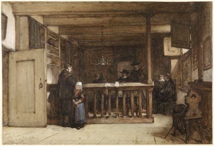 Betaaldag; De schepenkamer in het Rechthuis te Nieuw-Loosdrecht, gestoffeerd met zeventiende-eeuwse figuren Rijksmuseum SK-A-3640